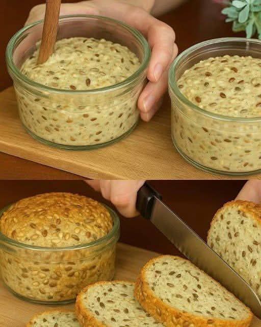 I don’t eat wheat flour! Bread in a jar in one minute! No yeast, no sugar. Ingredients: 3 eggs, 240 ml milk, 2 tbsp flax seeds, 2 tbsp psyllium husk